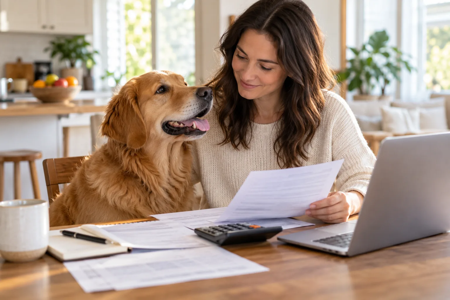Owner reading paperwork with a dog beside a laptop
