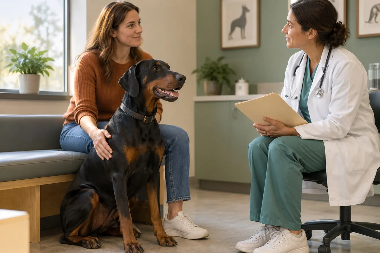 Owner and veterinary professional discussing paperwork beside a black and tan dog